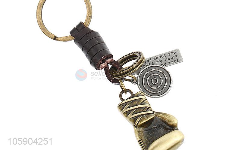 Top manufacturer retro alloy boxing glove pendant weaving leather key chain