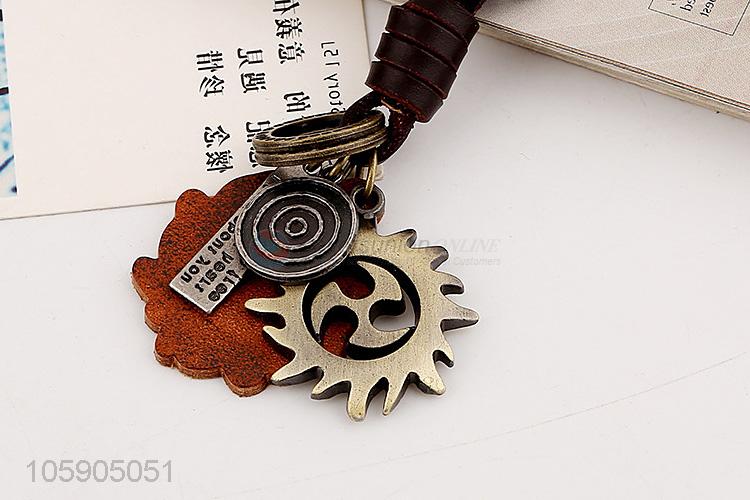 High grade retro alloy wheel pendant weaving leather key chain