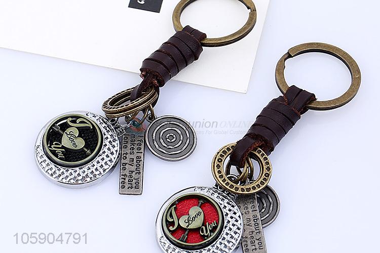 Superior factory round alloy pendant key chain leather key ring