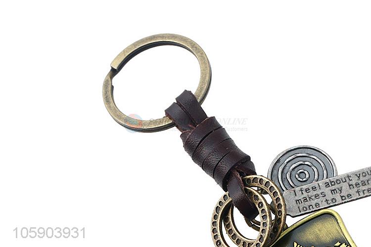 Best quality retro alloy shield pendant weaving leather key chain