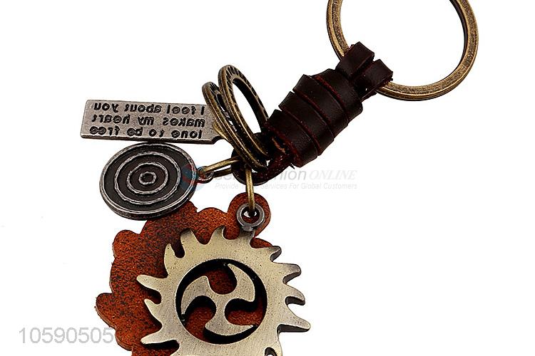 High grade retro alloy wheel pendant weaving leather key chain