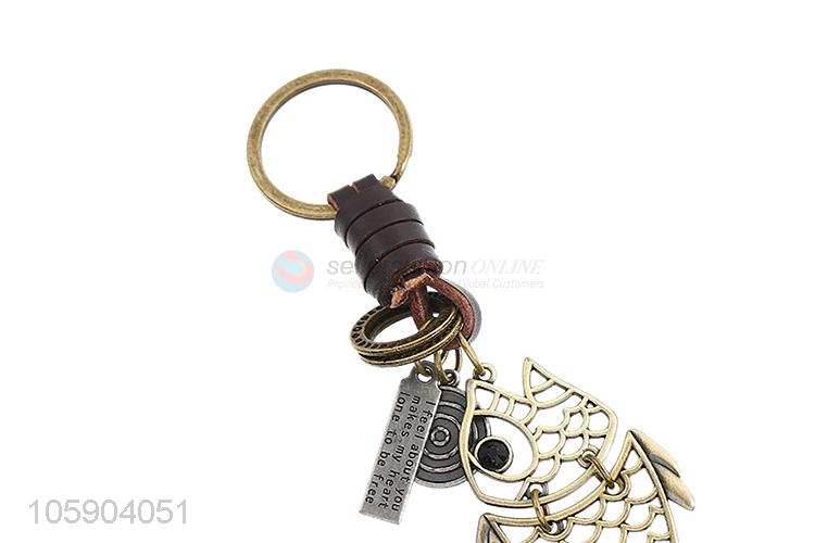 High grade retro alloy fish pendant weaving leather key chain