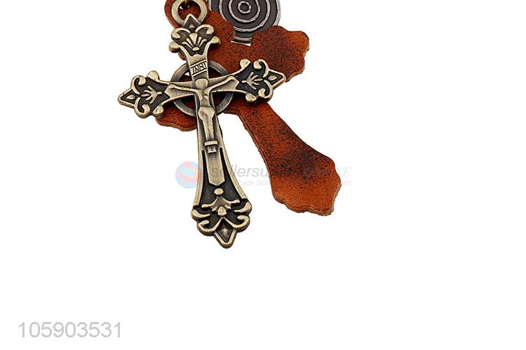 Promotional cheap retro alloy cross pendant weaving leather key chain