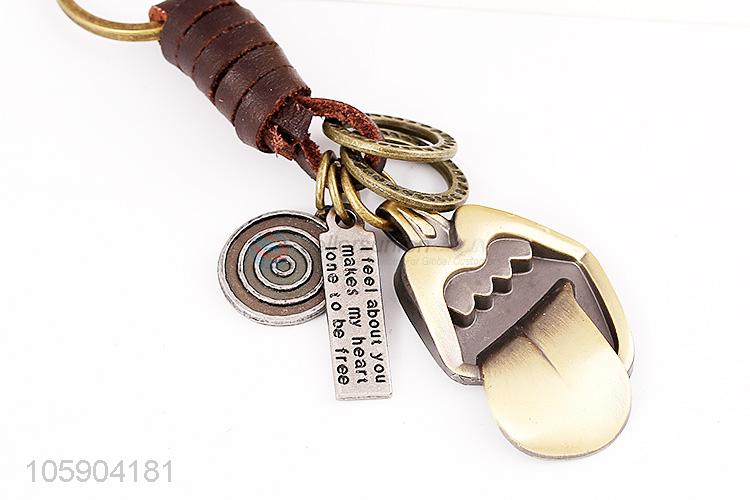 Factory promotional weave leather key chain with funny alloy charms