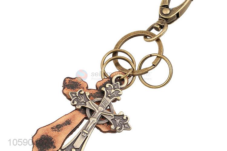 Top quality cross alloy pendant key chain leather key ring