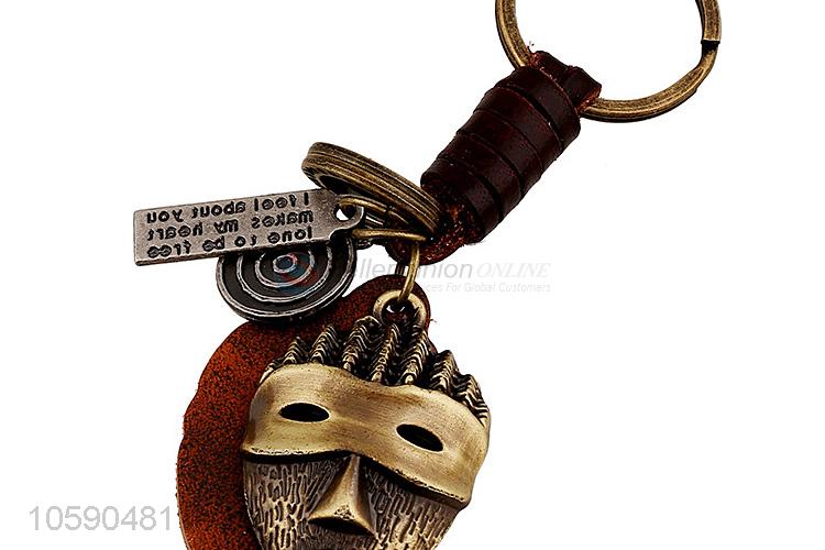 New style custom retro alloy mask pendant weaving leather key chain