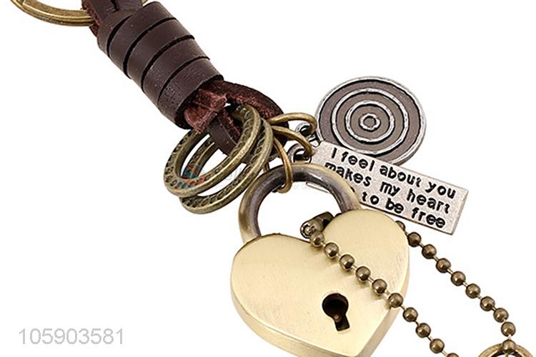 Low price weave leather key chain with retro heart charms