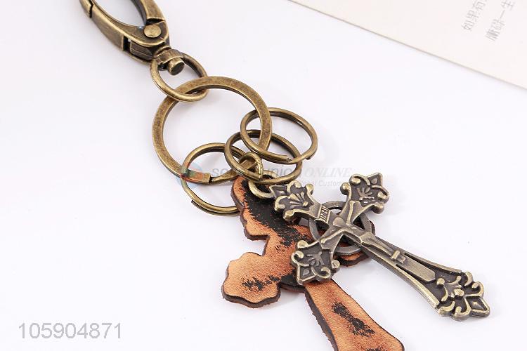 Top quality cross alloy pendant key chain leather key ring