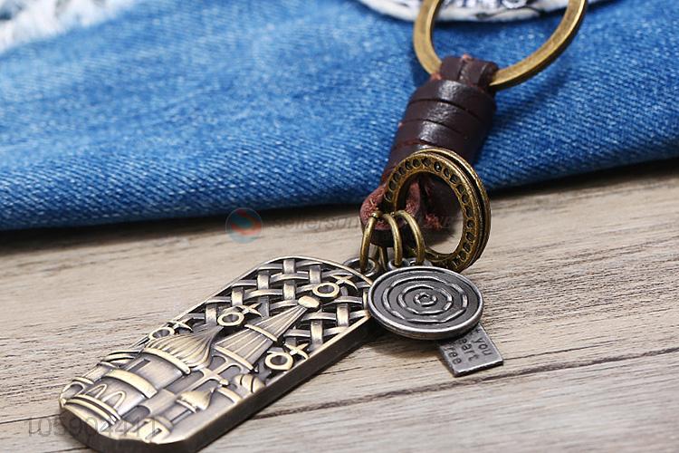 Top sale retro alloy castle bar pendant weaving leather key chain