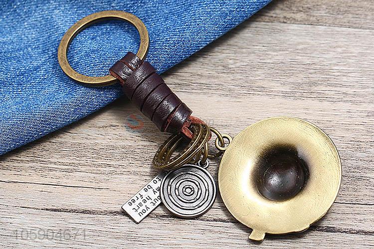 Customized cheap straw hat alloy pendant key chain leather key ring