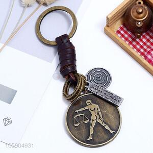 Best quality retro alloy libra pendant weaving leather key chain