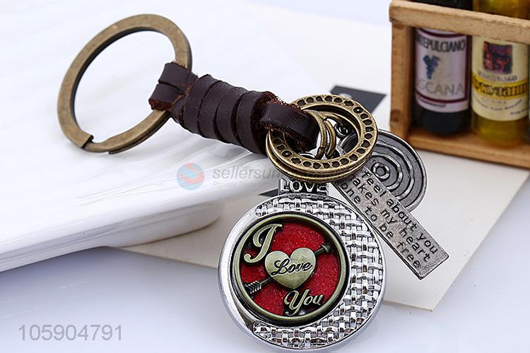 Superior factory round alloy pendant key chain leather key ring