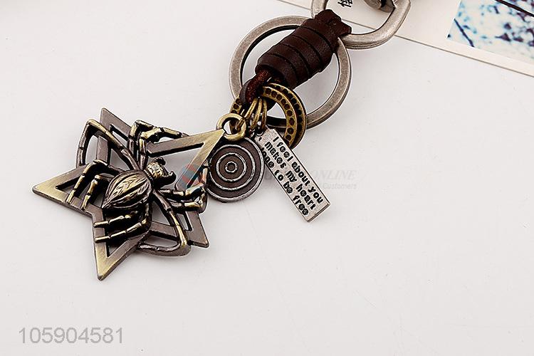 Low price weave leather key chain with retro spider charms