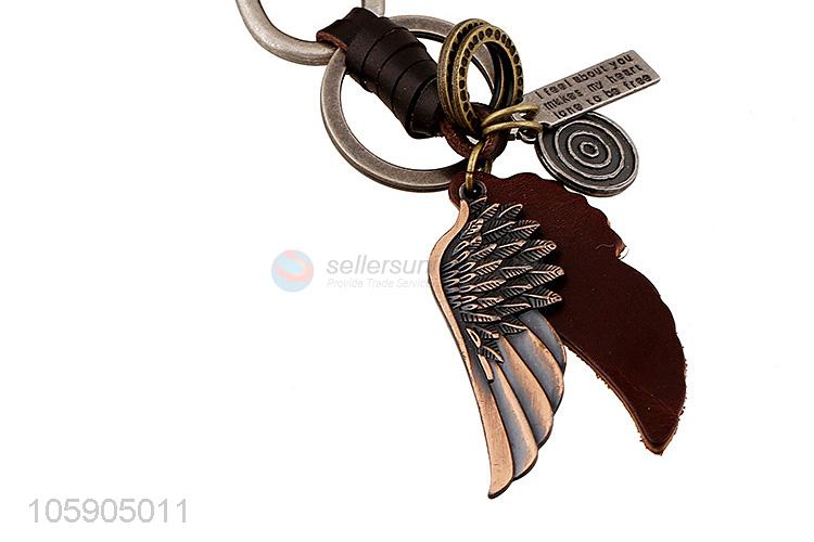 Good quality retro alloy wing pendant weaving leather key chain