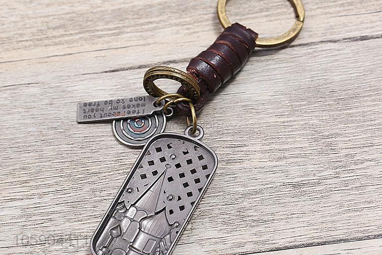 Top sale retro alloy castle bar pendant weaving leather key chain