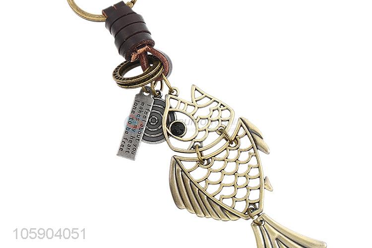 High grade retro alloy fish pendant weaving leather key chain