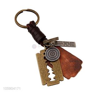 Customized cheap retro alloy blade pendant weaving leather key chain