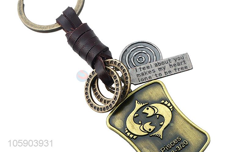 Best quality retro alloy shield pendant weaving leather key chain