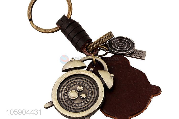 Best quality alarm clock alloy pendant key chain leather key ring