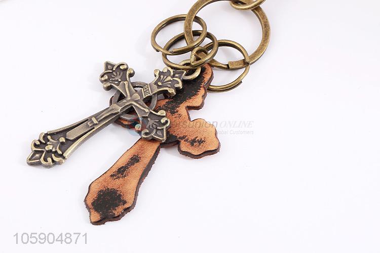 Top quality cross alloy pendant key chain leather key ring