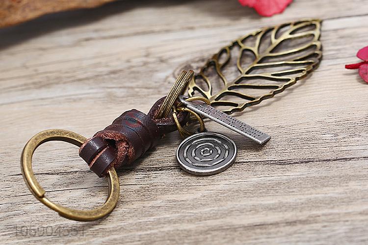 High grade leaf alloy pendant key chain leather key ring