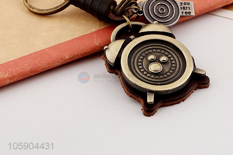 Best quality alarm clock alloy pendant key chain leather key ring