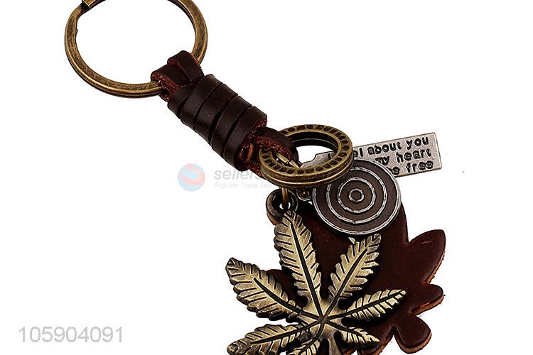 Best selling retro alloy leaf pendant weaving leather key chain