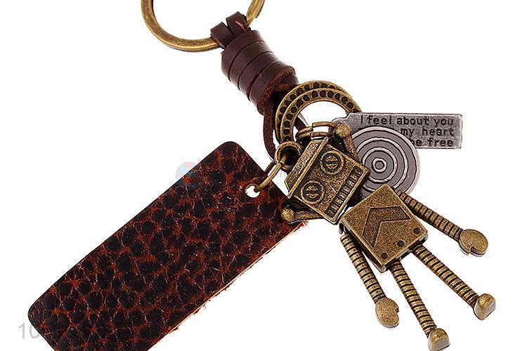 New design weave leather key chain with retro robot charms