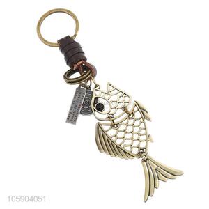 High grade retro alloy fish pendant weaving leather key chain