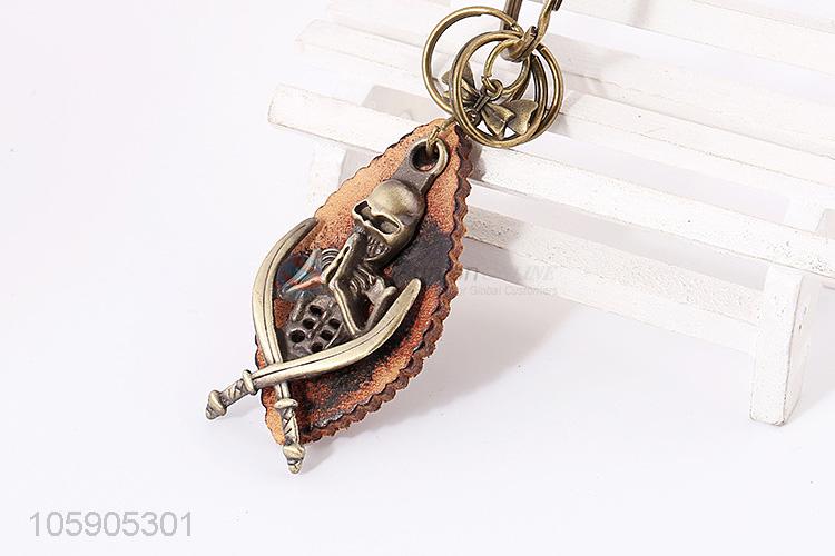 Cheap new leather key chain with retro skull charms