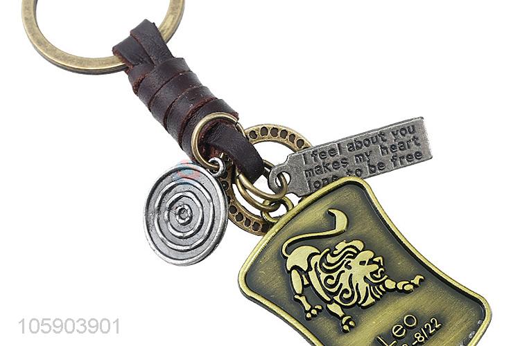 China maker weave leather key chain with retro shield charms