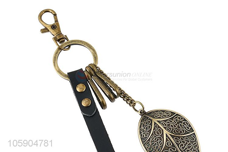 Factory price leather key chain with retro leaf charms