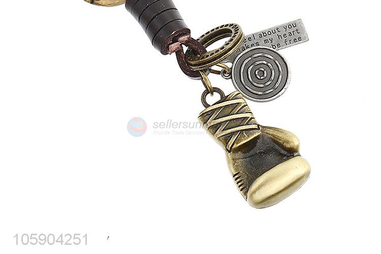 Top manufacturer retro alloy boxing glove pendant weaving leather key chain