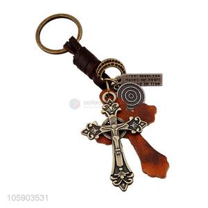 Promotional cheap retro alloy cross pendant weaving leather key chain