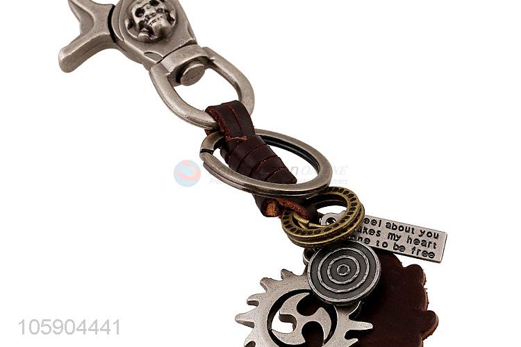 Hot products personalized alloy pendant retro wheel leather key chain