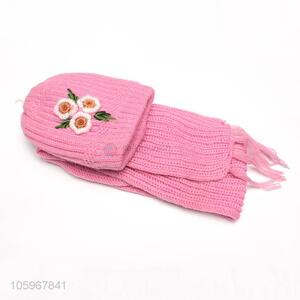 Top selling winter lady pink color knitted scarf and hat set with flower decorations