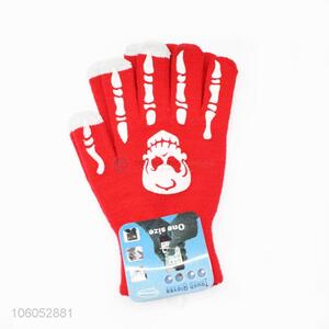 Unique design red skull pattern warm knit touch screen gloves