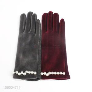 Fashion Pleuche Windproof Gloves With Pearls For Women