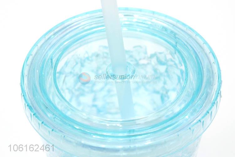 Good quality creative summer double-layer water cooling cup with straw