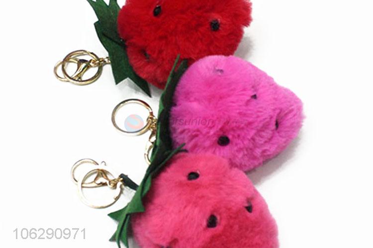 China manufacturer faux fur strawberry design pompom keychain