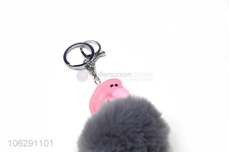 Promotional cheap fluffy keyring pompom flamingo key chain