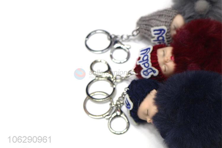 Latest style baby doll shaped faux fur pompom key ring