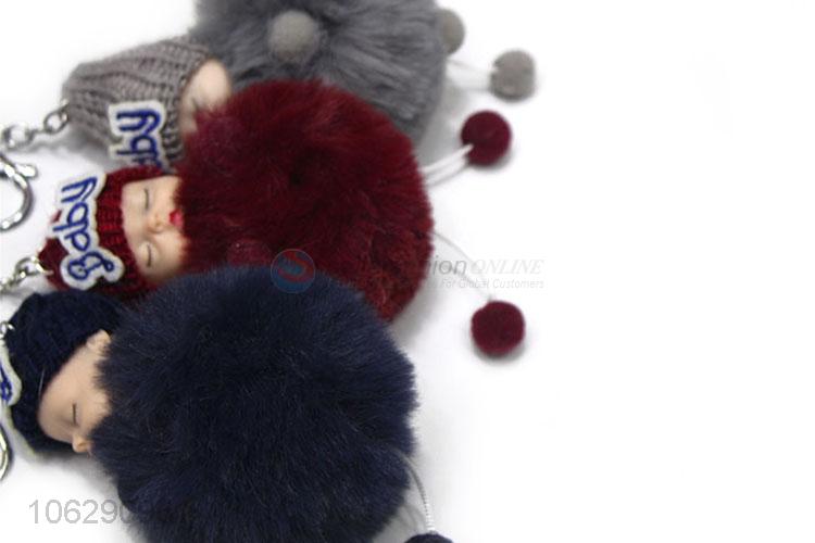 Latest style baby doll shaped faux fur pompom key ring