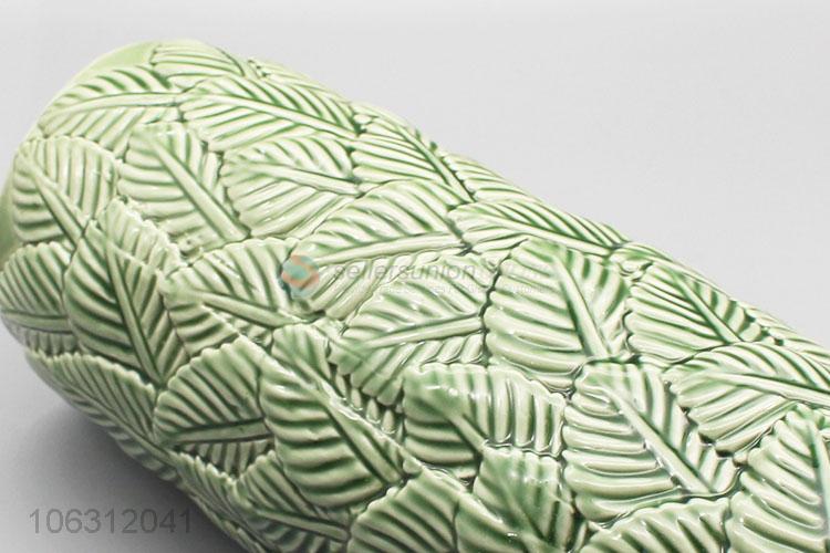 Bottom price leaf embossed design green ceramic vase