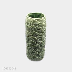 Bottom price leaf embossed design green ceramic vase