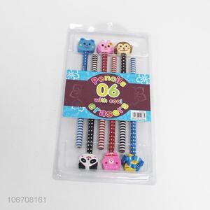 High Quality 6 Pieces Pencils With Cool Erasers