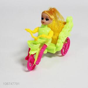 Customized children pull line plastic bike toy with pretty doll