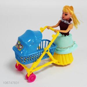 Good quality plastic pull line  baby carriage toy with doll