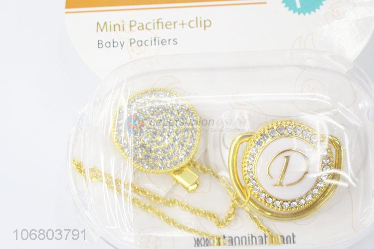 Newly designed rhinestone alloy baby nipples pacifier with clip