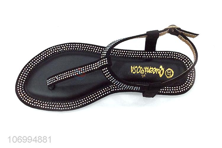 Hot sale clear rhinestones black pu lather thong sandal for women